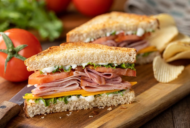 Ham sandwich with cheese on whole grain bread