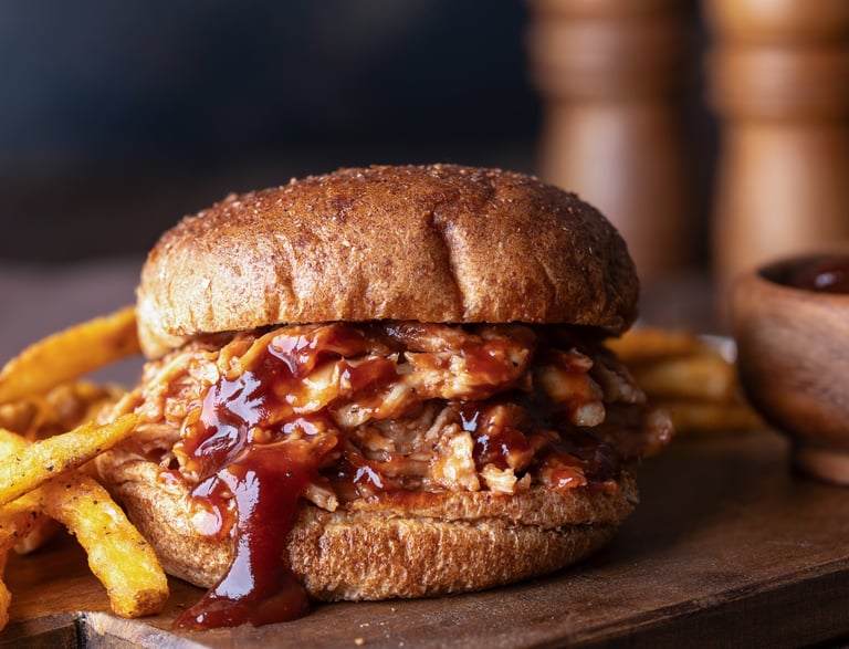 Pulled chicken sandwich with fries