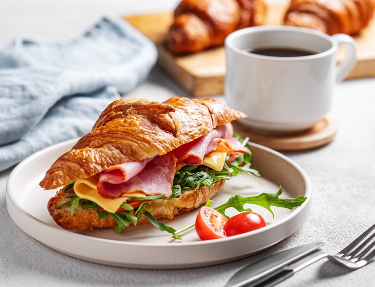 Croissant sandwich with ham and coffee